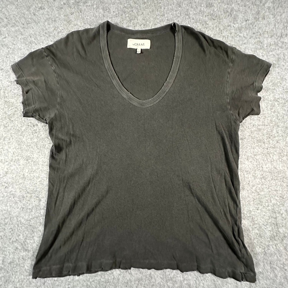 The Great V-Neck T-Shirt Womens 0 Charcoal Grey Distressed Cotton